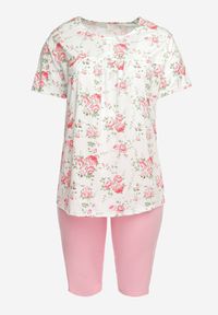 Born2be - Różowo-Biały Komplet Piżamowy w Kwiaty Koszulka z Krótkim Rękawem i Spodnie Lużne 3/4 Lareni. Kolor: różowy. Materiał: bawełna. Długość: krótkie. Wzór: kwiaty #6