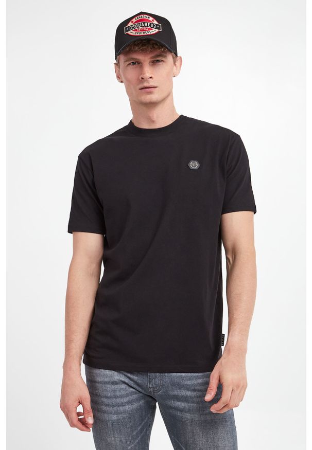 Philipp Plein - T-shirt męski PHILIPP PLEIN. Materiał: skóra, prążkowany. Wzór: aplikacja, nadruk, haft