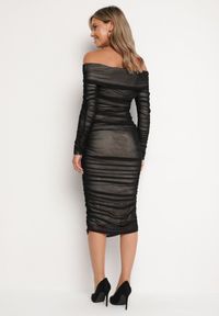 Born2be - Czarna Marszczona Sukienka Siateczkowa Hiszpanka z Wywiniętym Dekoltem Tinaveris. Typ kołnierza: dekolt hiszpanka. Kolor: czarny. Długość rękawa: długi rękaw. Sezon: lato. Styl: klasyczny, elegancki #6