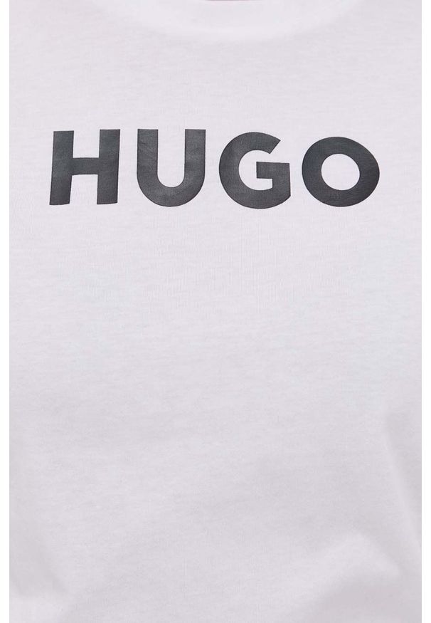 Hugo t-shirt damski kolor biały. Okazja: na co dzień. Kolor: biały. Materiał: dzianina, bawełna. Długość rękawa: krótki rękaw. Długość: krótkie. Wzór: nadruk. Styl: casual