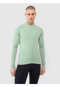 4f - Longsleeve rowerowy szybkoschnący męski - turkusowy. Typ kołnierza: kołnierzyk stójkowy. Kolor: turkusowy. Materiał: syntetyk, włókno, dzianina, materiał. Długość rękawa: długi rękaw. Długość: krótkie. Wzór: gładki, ze splotem. Styl: sportowy, klasyczny