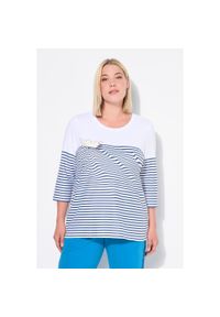 ULLA POPKEN - Damskie Bluzka pasy papierowa łódka dekolt łódkowy rękawy 3/4. Kolekcja: plus size. Kolor: biały. Materiał: materiał, elastan, bawełna. Długość rękawa: długi rękaw #1