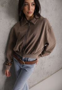 Renee - Beżowa Bluza Bomberka z Bawełny Oversize Ozdobiona Kołnierzem Vimelles. Okazja: na co dzień. Kolor: brązowy. Materiał: bawełna. Wzór: aplikacja. Styl: casual, elegancki #7