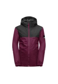 Kurtka uniwersalna chłopięca Jack Wolfskin Spirit. Typ kołnierza: kaptur. Kolor: fioletowy. Materiał: syntetyk. Sport: turystyka piesza