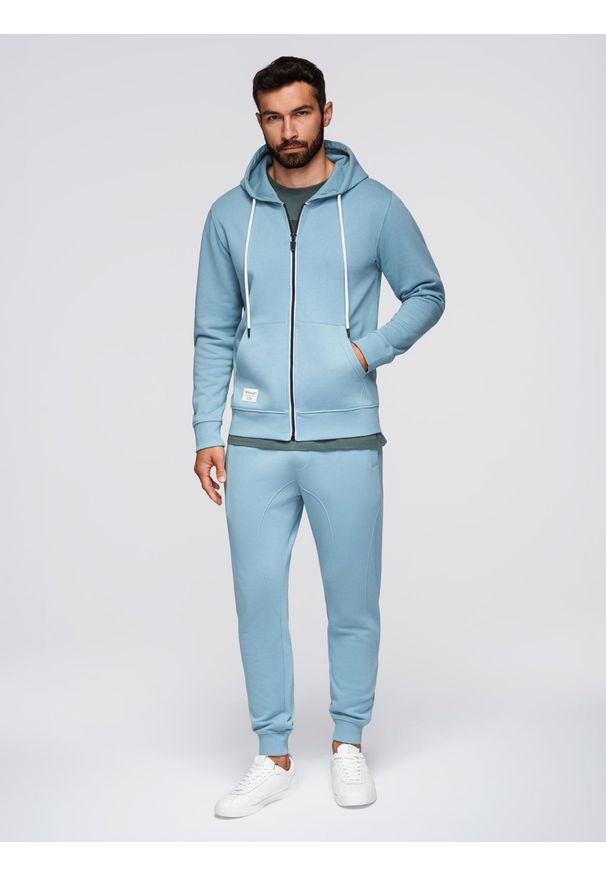 Ombre Clothing - Komplet dresowy męski set bluza rozpinana z kapturem + spodnie joggery - jasnoniebieski V7 - Rozmiar: XXL. Okazja: na co dzień, na spacer. Typ kołnierza: kaptur. Kolor: niebieski. Materiał: dresówka. Wzór: aplikacja. Styl: casual