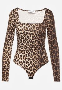 Renee - Brązowe Body w Panterkę z Kwadratowym Dekoltem i Długim Rękawem Gazzla. Typ kołnierza: dekolt kwadratowy. Kolor: brązowy. Długość rękawa: długi rękaw. Długość: długie. Wzór: motyw zwierzęcy #7