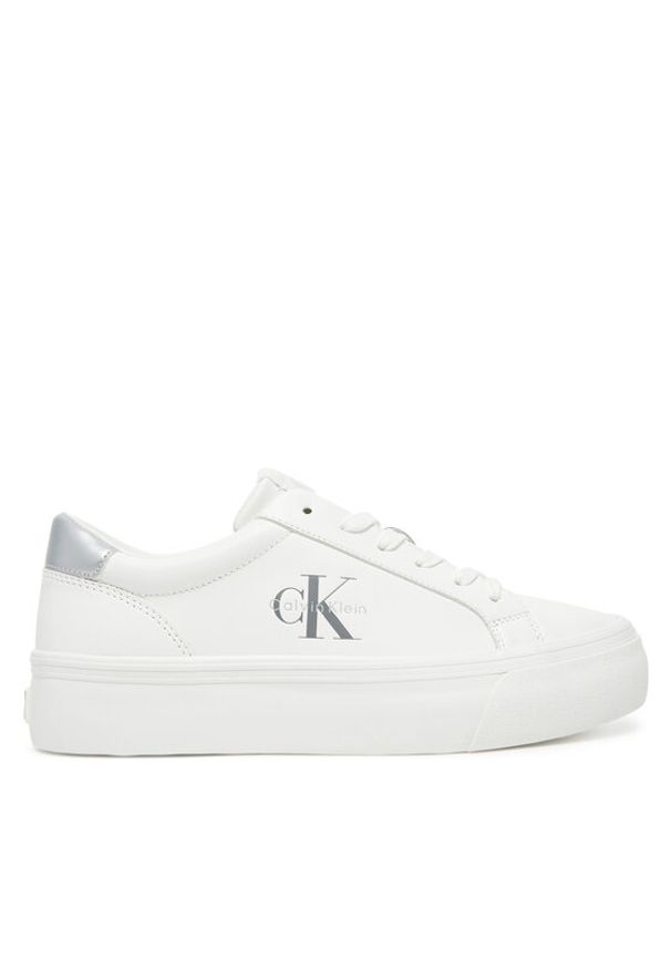 Calvin Klein Jeans Sneakersy Vulc Flatf Lth Silver Logo Tag YW0YW01877 Biały. Kolor: biały. Materiał: skóra