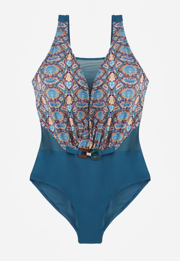 Born2be - Niebieski Kopertowy Strój Kąpielowy Jednoczęściowy z Siateczką i Paskiem Raera. Kolor: niebieski. Materiał: len