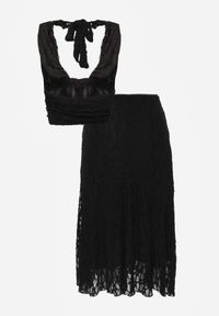 Born2be - Czarny Koronkowy Komplet Top Wiązany na Szyi i Spódnica Corinatea. Kolor: czarny. Materiał: koronka #7