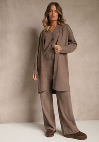 Renee - Brązowy Komplet z Dzianiny z Wełną Długi Kardigan Spodnie i Kamizelka Otizane. Kolekcja: plus size. Kolor: brązowy. Materiał: wełna, dzianina. Wzór: aplikacja #5