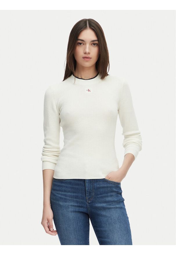 Calvin Klein Jeans Sweter LV047G309G Kremowy Regular Fit. Kolor: kremowy. Materiał: bawełna