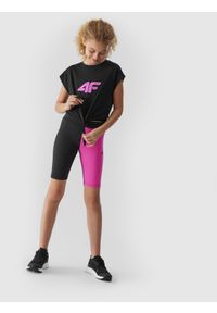 4f - Legginsy sportowe kolarki szybkoschnące dziewczęce. Kolor: różowy. Materiał: włókno, skóra