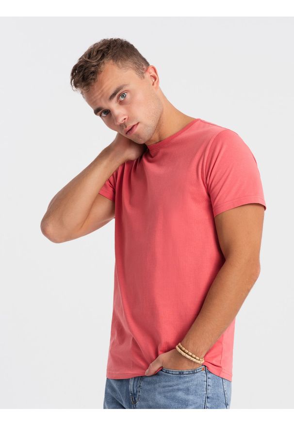 Ombre Clothing - T-shirt męski klasyczny bawełniany BASIC - różowy V11 OM-TSBS-0146 - M. Kolor: różowy. Materiał: bawełna. Styl: klasyczny