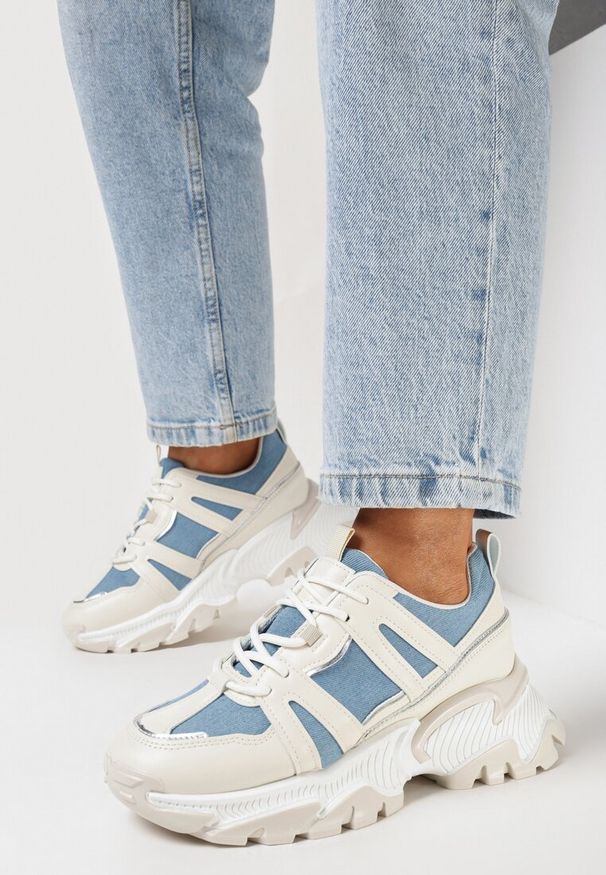 Born2be - Beżowo-Niebieskie Sneakersy na Grubej Podeszwie z Brokatem i Wstawkami Tensora. Kolor: beżowy