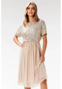 Awama - Koktajlowa sukienka na wesele rozkloszowana z cekinami beż. Okazja: na ślub cywilny, na imprezę, na wesele. Kolor: czarny, beżowy. Styl: wizytowy #1