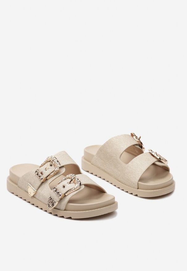 Born2be - Beżowe Płaskie Klapki z Regulowanymi Ozdobnymi Sprzączkami Lamicia. Nosek buta: otwarty. Kolor: beżowy. Materiał: len, jeans. Sezon: lato. Styl: wizytowy, klasyczny