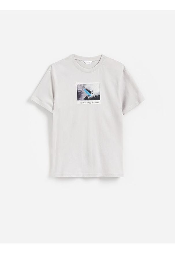 Reserved - T-shirt comfort z nadrukiem - jasnoszary. Kolor: szary. Materiał: bawełna, dzianina. Wzór: nadruk