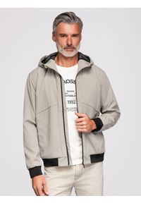 Ombre Clothing - Lekka męska kurtka z siateczkową podszewką i kapturem – szara V6 - Rozmiar: XXL. Okazja: na co dzień. Typ kołnierza: kołnierzyk stójkowy. Kolor: szary. Materiał: materiał, tkanina, poliester. Wzór: aplikacja. Styl: casual