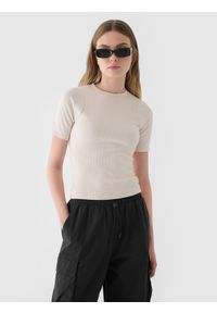 4f - 4F T-shirt slim crop-top gładki damski - beżowy S. Okazja: na co dzień. Kolor: beżowy. Materiał: materiał, syntetyk, prążkowany, dzianina. Długość rękawa: krótki rękaw. Długość: krótkie. Wzór: gładki. Styl: casual, sportowy #1
