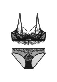 Intica - Koronkowy komplet bielizny ze strapsami na specjalne okazje Ralica. Kolor: czarny. Materiał: koronka. Wzór: aplikacja, paski, koronka