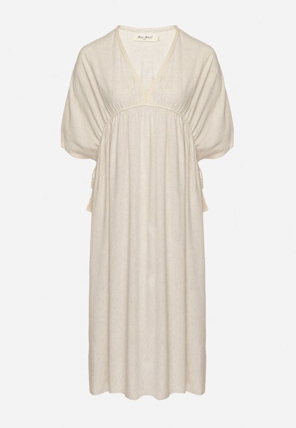 Born2be - Beżowa Wiskozowa Sukienka z Lnem o Nietoperzowym Kroju z Wiązaniem Tolureia. Okazja: na co dzień. Typ kołnierza: dekolt w serek. Kolor: beżowy. Materiał: wiskoza, len. Styl: elegancki, casual