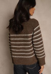 Renee - Brązowy Sweter z Dodatkiem Wełny Ozdobiony Paskami Liatella. Okazja: na co dzień. Kolor: brązowy. Materiał: wełna. Wzór: aplikacja. Styl: street, casual, klasyczny, elegancki #3
