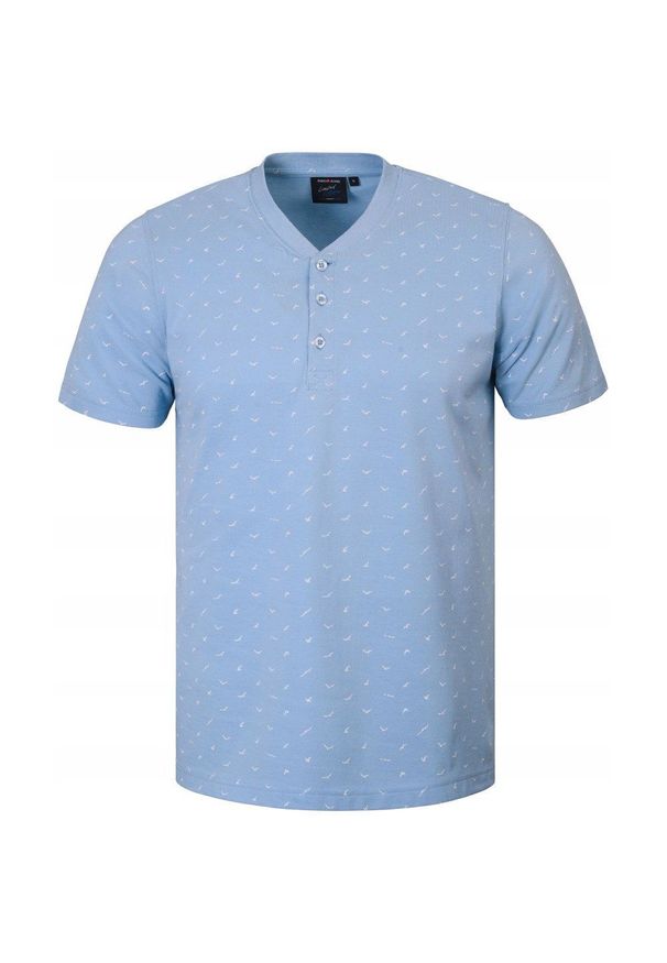 Męski T-Shirt, Dekolt z Guzikami - Pako Jeans - Błękitna, Drobny Wzór. Okazja: na co dzień. Kolor: niebieski. Materiał: bawełna. Styl: casual