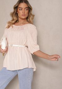 Renee - Jasnoróżowa Bluzka z Wiskozą o Fasonie Oversize z Gumkami w Ramionach Alirona. Kolor: różowy. Materiał: wiskoza #5