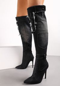 Renee - Czarne Kozaki Jeansowe na Wysokiej Szpilce Ozdobione Przetarciami Ariamella. Kolor: czarny. Materiał: jeans. Wzór: aplikacja #8