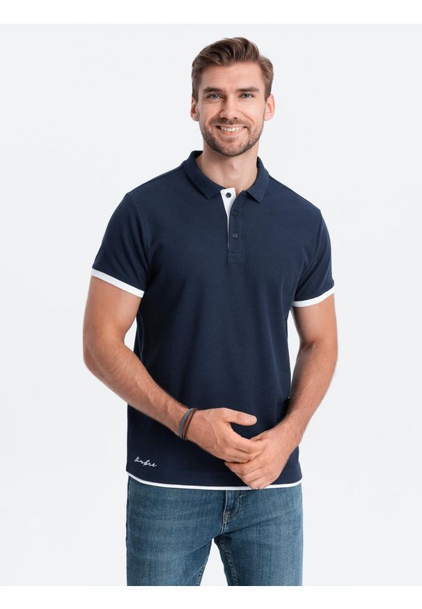 Ombre Clothing - Bawełniana męska koszulka polo z kontrastowymi wykończeniami – granatowa V4. Typ kołnierza: polo. Kolor: niebieski. Materiał: bawełna. Wzór: haft