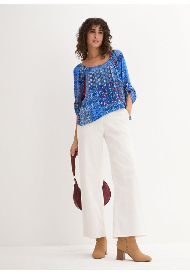 bonprix - Tunika kreszowana, długi rękaw. Kolor: niebieski. Długość rękawa: długi rękaw. Długość: długie. Wzór: nadruk