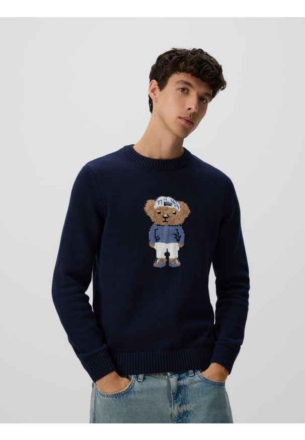 Reserved - Sweter z wyszywanym wzorem - granatowy. Kolor: niebieski. Materiał: bawełna, dzianina