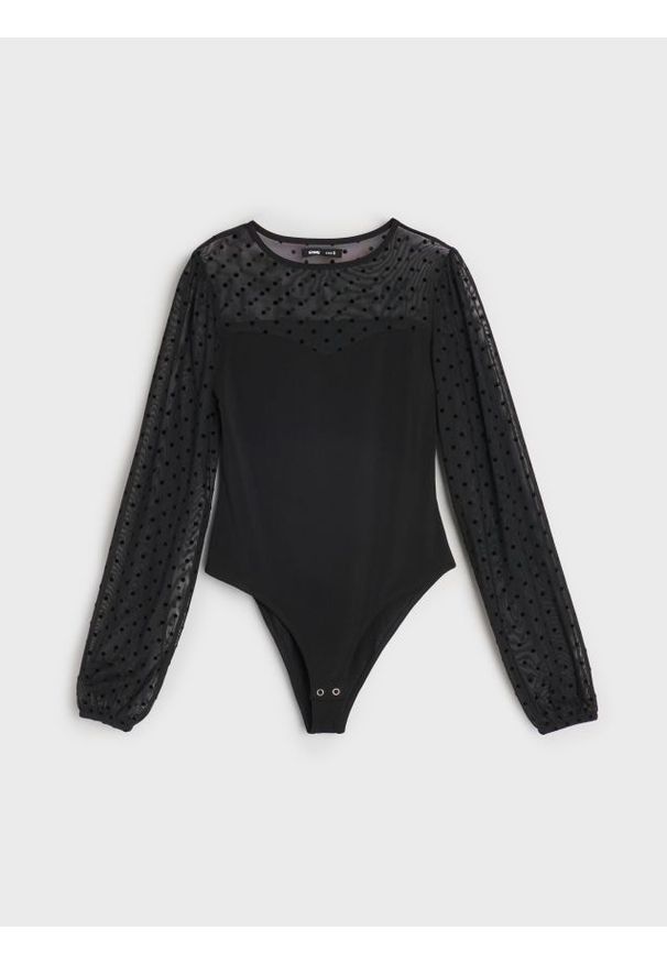 Sinsay - Body w kropki z bufiastymi rękawami - czarny. Kolor: czarny. Wzór: kropki