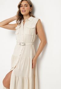 Born2be - Beżowa Koszulowa Sukienka z Wiskozy z Bawełną Ozdobiona Paskiem Rivebia. Okazja: na co dzień. Kolor: beżowy. Materiał: wiskoza, bawełna. Wzór: aplikacja. Typ sukienki: koszulowe. Styl: casual, elegancki #4