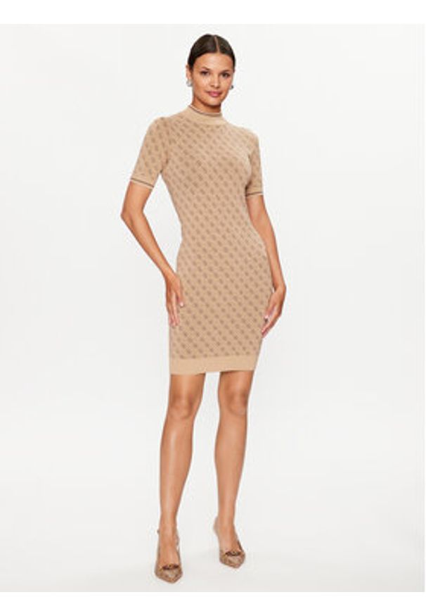 Guess Sukienka dzianinowa W3YK39 Z37K0 Beżowy Slim Fit. Kolor: beżowy. Materiał: wiskoza