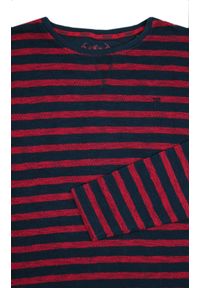 Męski, bawełniany sweter Pioneer w czerwono-granatowe poziome paski. Okazja: na co dzień. Kolor: czerwony, niebieski, wielokolorowy. Materiał: bawełna. Wzór: paski. Styl: casual