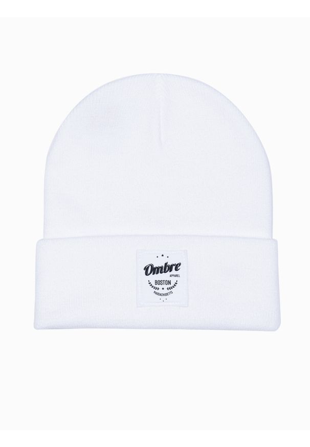 Ombre Clothing - Czapka męska H103 - biała - uniwersalny. Kolor: biały. Materiał: akryl
