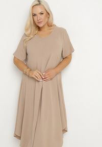 Born2be - Ciemnobeżowa Rozkloszowana Sukienka z Bawełną Elzedia. Okazja: na co dzień. Kolor: beżowy. Materiał: bawełna. Typ sukienki: rozkloszowane. Styl: elegancki, casual #5