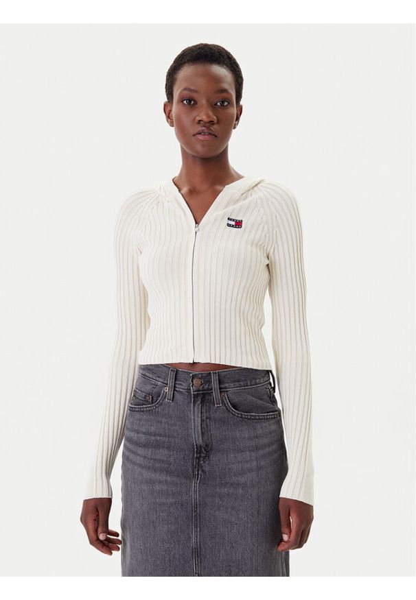 Tommy Jeans Kardigan DW0DW20974 Écru Slim Fit. Materiał: wiskoza