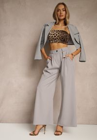 Renee - Szare Szerokie Spodnie High Waist o Garniturowym Kroju z Zakładkami Uliadorea. Okazja: na co dzień. Stan: podwyższony. Kolor: szary. Styl: klasyczny, elegancki, casual #5