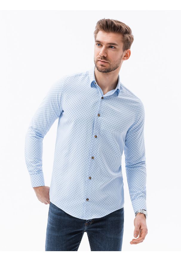 Ombre Clothing - Koszula męska w drobny geometryczny wzór REGULAR FIT - błękitna - Rozmiar: XXL. Okazja: na spotkanie biznesowe, do pracy. Kolor: niebieski. Materiał: poliester, bawełna. Długość rękawa: długi rękaw. Długość: długie. Wzór: geometria. Styl: klasyczny, biznesowy
