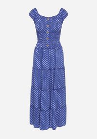 Born2be - Niebieska Sukienka z Wiskozą i Bawełną Ozdobiona Guzikami i Kropkami Lilantea. Okazja: na co dzień. Kolor: niebieski. Materiał: bawełna, wiskoza. Wzór: aplikacja, kropki. Typ sukienki: proste. Styl: klasyczny, casual, elegancki #4