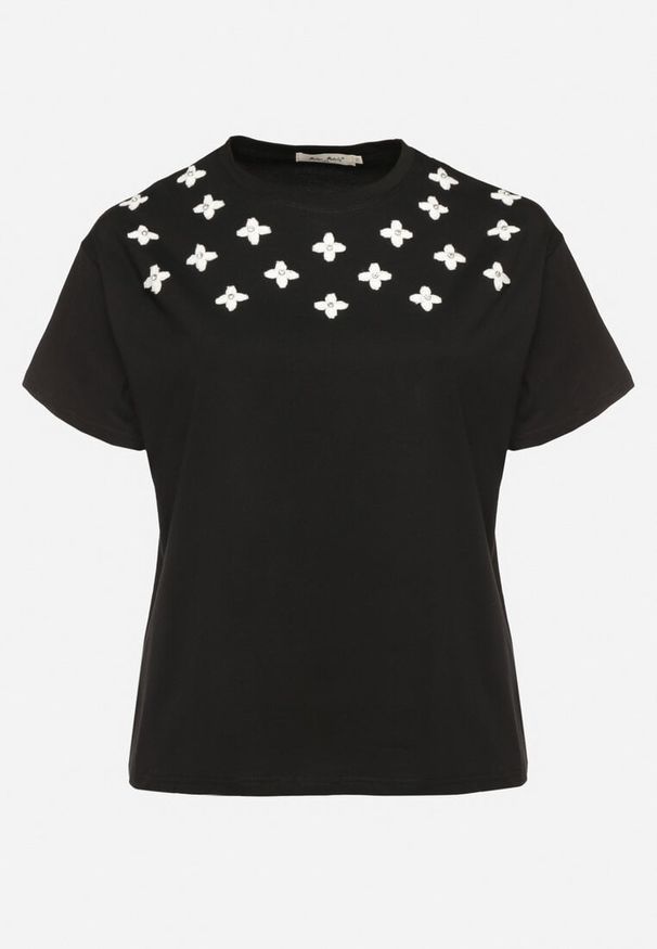 Born2be - Czarny T-shirt z Bawełny Ozdobiony Cyrkoniami i Haftami Firarette. Okazja: na co dzień. Kolor: czarny. Materiał: bawełna. Wzór: aplikacja, haft. Styl: klasyczny, casual