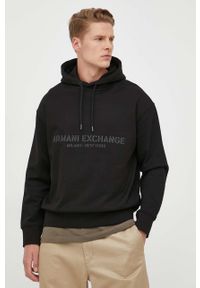Armani Exchange bluza bawełniana męska kolor czarny z kapturem z nadrukiem. Typ kołnierza: kaptur. Kolor: czarny. Materiał: bawełna. Wzór: nadruk