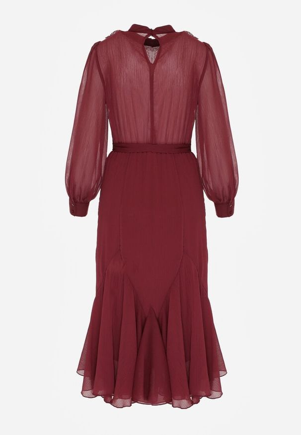 Born2be - Bordowa Elegancka Sukienka z Bufiastymi Rękawami i Koronkowymi Falbankami Sewlina. Okazja: na co dzień, do pracy. Typ kołnierza: kołnierz z falbankami. Kolor: czerwony. Materiał: koronka. Styl: elegancki