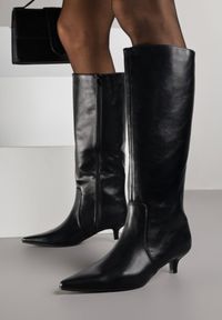 Born2be - Czarne Eleganckie Kozaki do Kolana na Niskim Obcasie Kaczuszka Nezelia. Okazja: na co dzień. Kolor: czarny. Materiał: jeans. Obcas: na obcasie. Styl: elegancki. Wysokość obcasa: niski #7