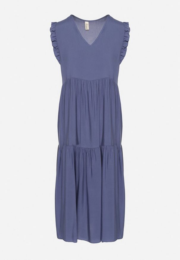 Born2be - Niebieska Bawełniana Sukienka Ozdobiona Falbankami Aveliova. Okazja: na spacer, na imprezę, na co dzień. Typ kołnierza: kołnierz z falbankami. Kolor: niebieski. Materiał: bawełna. Wzór: aplikacja. Typ sukienki: proste. Styl: casual, elegancki. Długość: midi