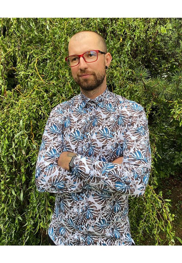 Grzegorz Moda Męska - Bawełniana Koszula z Długim Rękawem -GRZEGORZ MODA MĘSKA- Taliowana, w Liście, Monstera. Okazja: do pracy, na spotkanie biznesowe. Kolor: wielokolorowy. Materiał: bawełna, elastan. Długość rękawa: długi rękaw. Długość: długie. Styl: biznesowy, elegancki