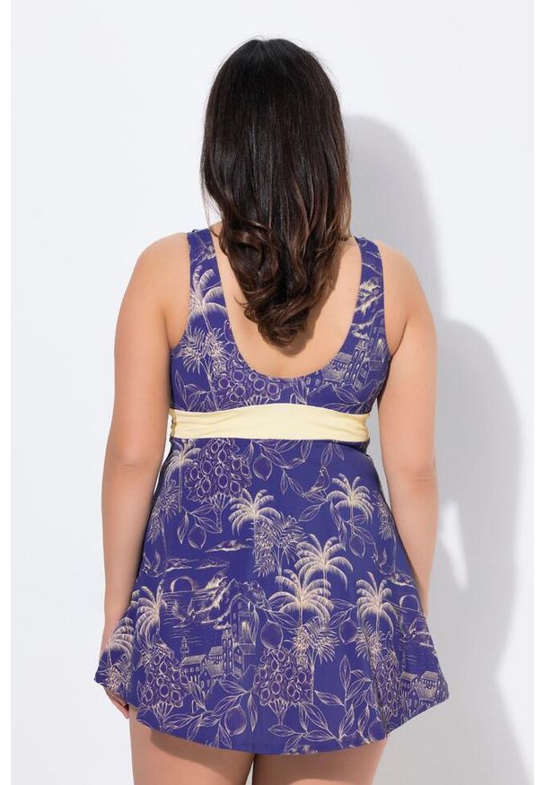 ULLA POPKEN - Damski Strój kąpielowy palmy miękkie miseczki Powermesh. Kolekcja: plus size. Kolor: niebieski. Materiał: poliester, elastan, poliamid, materiał