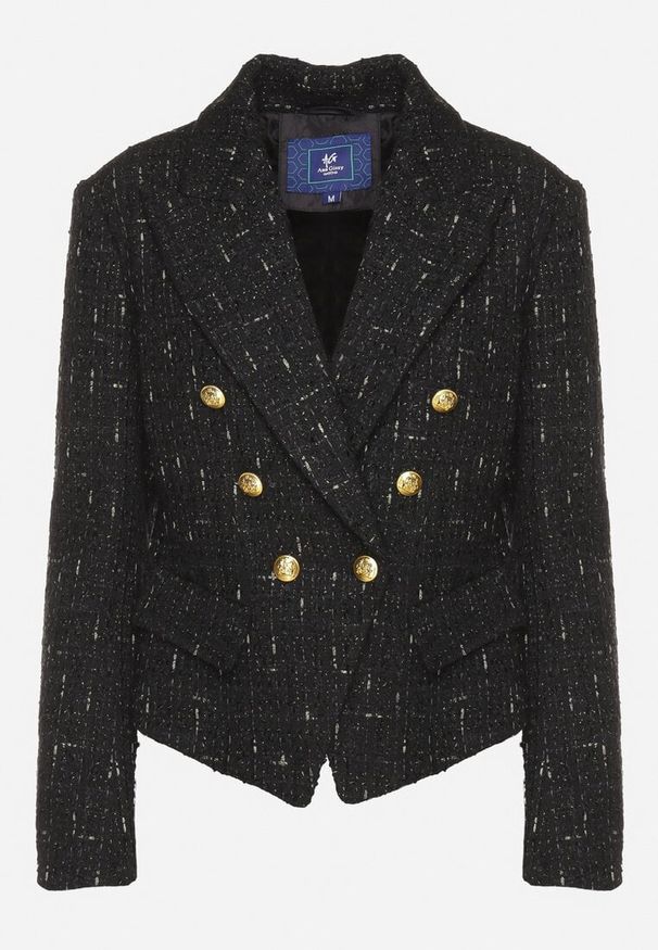 Born2be - Czarna Marynarka o Taliowanym Kroju z Ozdobnymi Guzikami i Poduszkami w Ramionach Zinnesa. Okazja: do pracy, na spotkanie biznesowe, na imprezę. Kolor: czarny. Materiał: jedwab. Styl: biznesowy, klasyczny, elegancki